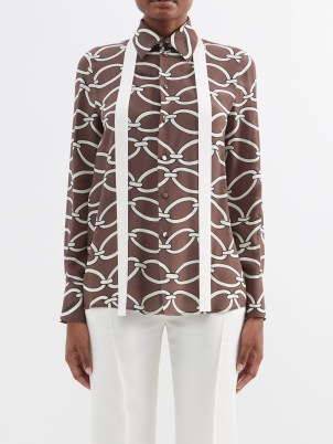 VALENTINO Chain-print silk crepe de Chine shirt in brown ~ womens printed designer shirts ~ vintage prints - flipped