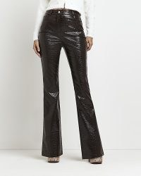 RIVER ISLAND BROWN FAUX LEATHER FLARED TROUSERS – women’s croc embossed fake leather flares – womens crocodile print fashion