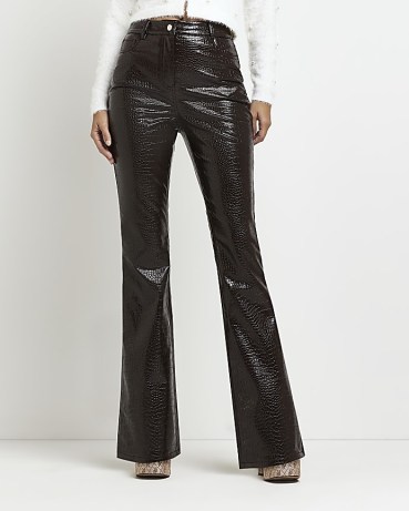RIVER ISLAND BROWN FAUX LEATHER FLARED TROUSERS – women’s croc embossed fake leather flares – womens crocodile print fashion