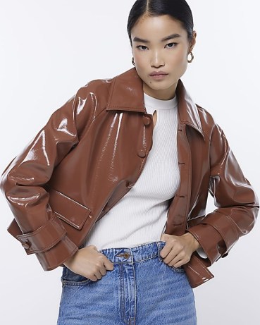RIVER ISLAND BROWN FAUX LEATHER VINYL JACKET – womens shiny fake leather jackets – women’s high shine fashion - flipped