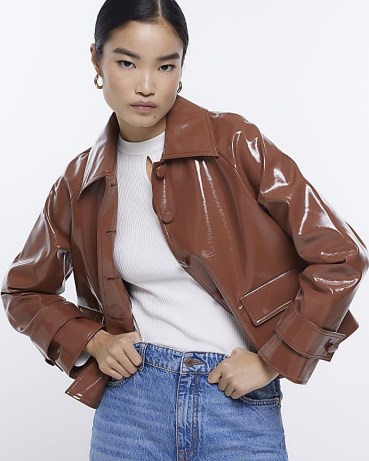 RIVER ISLAND BROWN FAUX LEATHER VINYL JACKET – womens shiny fake leather jackets – women’s high shine fashion