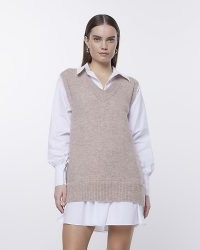 River Island BROWN JUMPER MINI SHIRT DRESS | womens knitwear fashion combo | tanks and dresses