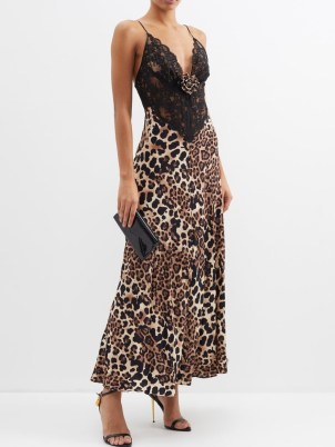 RODARTE Lace-panelled leopard-print silk dress | spaghetti shoulder strap evening dresses | plunge front occasion fashion | deep V-neckline | glamorous animal prints - flipped