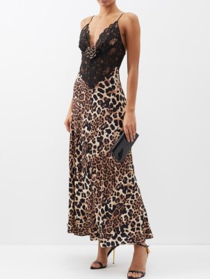 RODARTE Lace-panelled leopard-print silk dress | spaghetti shoulder strap evening dresses | plunge front occasion fashion | deep V-neckline | glamorous animal prints