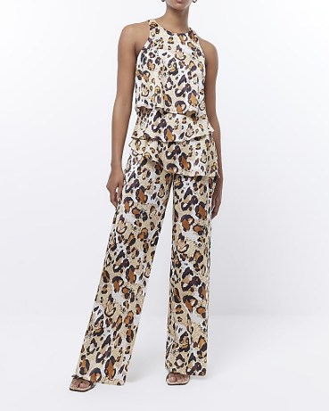 RIVER ISLAND BROWN LEOPARD PRINT LAYERED JUMPSUIT / sleeveless animal print jumpsuits / women’s evening occasion fashion / glamorous all-in-one clothes - flipped