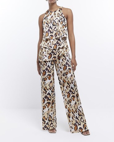 RIVER ISLAND BROWN LEOPARD PRINT LAYERED JUMPSUIT / sleeveless animal print jumpsuits / women’s evening occasion fashion / glamorous all-in-one clothes