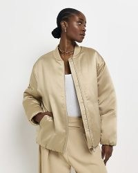 RIVER ISLAND BROWN SATIN PUFFER BOMBER JACKET ~ womens casual silky feel front zip jackets