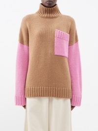 JW ANDERSON Turtleneck patch-pocket sweater in brown | high neck camel and pink colour block sweaters