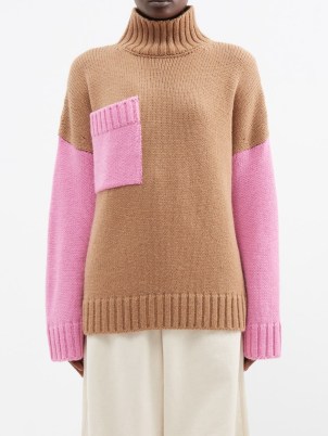 JW ANDERSON Turtleneck patch-pocket sweater in brown | high neck camel and pink colour block sweaters - flipped