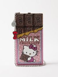JUDITH LEIBER X Hello Kitty Candy Bar embellished clutch bag in brown ~ desihmer pink crystal kitten themed occasion bags ~ luxe evening event handbags