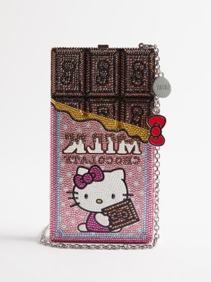 JUDITH LEIBER X Hello Kitty Candy Bar embellished clutch bag in brown ~ desihmer pink crystal kitten themed occasion bags ~ luxe evening event handbags - flipped