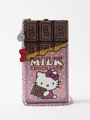 JUDITH LEIBER X Hello Kitty Candy Bar embellished clutch bag in brown ~ desihmer pink crystal kitten themed occasion bags ~ luxe evening event handbags