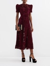 THE VAMPIRE’S WIFE The Night Sparrow floral-devoré midi dress in burgundy ~ sheer dark red puff sleeve party dresses ~ womens luxe vintage inspired occasion clothes ~ luxury retro style evening event fashion