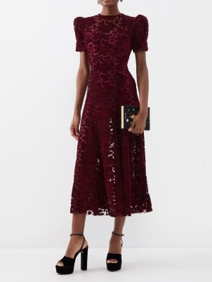 THE VAMPIRE’S WIFE The Night Sparrow floral-devoré midi dress in burgundy ~ sheer dark red puff sleeve party dresses ~ womens luxe vintage inspired occasion clothes ~ luxury retro style evening event fashion - flipped
