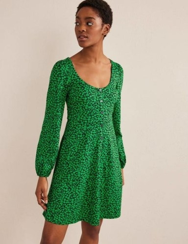 Boden Button Front Jersey Mini Dress in Green Bee, Tulip Sprig / long sleeved buttoned front ditsy floral print dresses - flipped