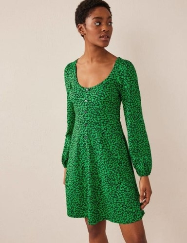 Boden Button Front Jersey Mini Dress in Green Bee, Tulip Sprig / long sleeved buttoned front ditsy floral print dresses