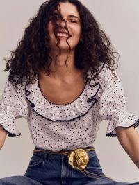 Reformation Cambri Top in Pepper / ruffled polka dot crop tops / ruffle trim spot print blouse / cropped fashion