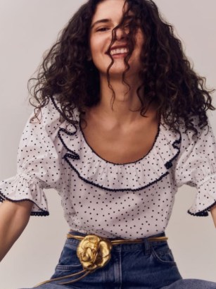 Reformation Cambri Top in Pepper / ruffled polka dot crop tops / ruffle trim spot print blouse / cropped fashion - flipped