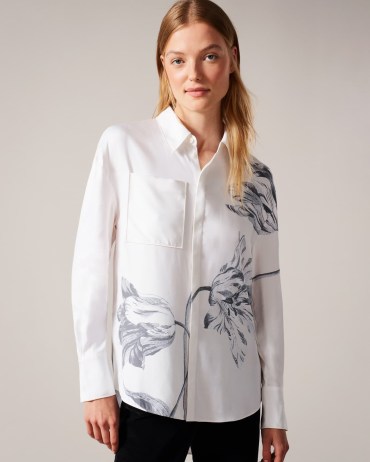 TED BAKER Camilli Longline Floral Print Shirt in White / women’s printed dip hem shirts - flipped
