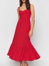 Reformation Celestia Dress in Cherry – red sleeveless fit and flare dresses – tiered hem – sweetheart neckline