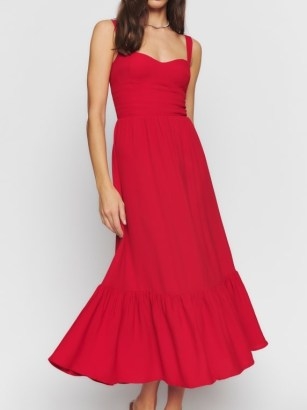 Reformation Celestia Dress in Cherry – red sleeveless fit and flare dresses – tiered hem – sweetheart neckline - flipped
