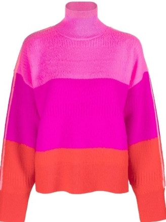 Christopher John Rogers colour-block striped jumper in bubblegum pink/hot pink/bright red | tonal colourblock high neck jumpers | womens vibrant knitwear