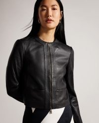 TED BAKER Clarya Fitted Panelled Leather Jacket in Black ~ womens luxe collarless front zip jackets ~ minimalist fashion