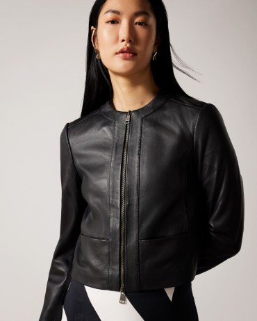 TED BAKER Clarya Fitted Panelled Leather Jacket in Black ~ womens luxe collarless front zip jackets ~ minimalist fashion - flipped