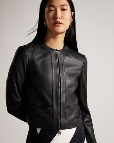 TED BAKER Clarya Fitted Panelled Leather Jacket in Black ~ womens luxe collarless front zip jackets ~ minimalist fashion