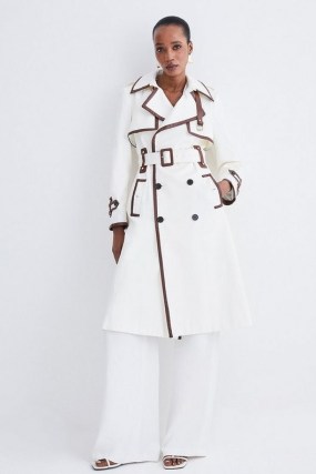 KAREN MILLEN Collar Detail Belted Trench Coat in Ivory – women’s chic contrast trim coats - flipped