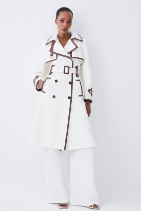 KAREN MILLEN Collar Detail Belted Trench Coat in Ivory – women’s chic contrast trim coats