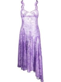 Collina Strada floral-lace detail asymmetric dress in lilac purple ~ sleeveless sweetheart neckline party dresses ~ asymmetric hemline ~ gathered detail shoulder straps ~ semi sheer occasion clothes