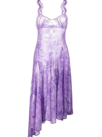 Collina Strada floral-lace detail asymmetric dress in lilac purple ~ sleeveless sweetheart neckline party dresses ~ asymmetric hemline ~ gathered detail shoulder straps ~ semi sheer occasion clothes - flipped