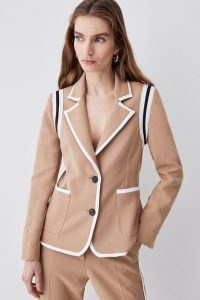 KAREN MILLEN Compact Stretch Tipped Detail Single Breasted Blazer in Camel – womens light brown contrast trim blazers