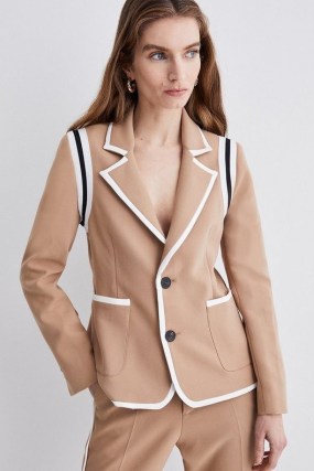 KAREN MILLEN Compact Stretch Tipped Detail Single Breasted Blazer in Camel – womens light brown contrast trim blazers - flipped