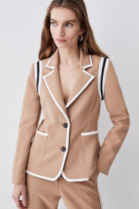 KAREN MILLEN Compact Stretch Tipped Detail Single Breasted Blazer in Camel – womens light brown contrast trim blazers