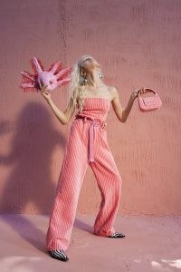 SIMON MILLER CORDUROY RINGLING PANT in Powder Pink Multi ~ women’s paperbag waist wide leg trousers ~ womens high rise cord fabric pants