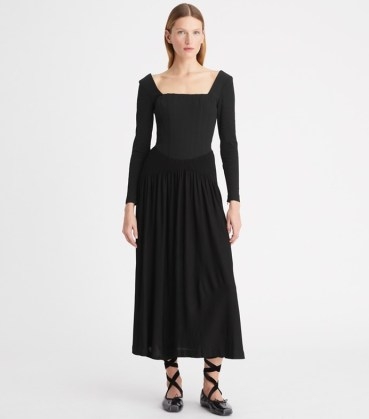 Tory Burch CORSET DRESS in Black | long sleeve square neck fitted bodice dresses - flipped