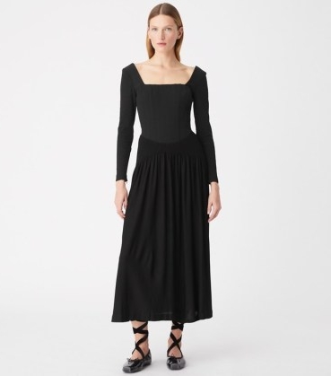 Tory Burch CORSET DRESS in Black | long sleeve square neck fitted bodice dresses