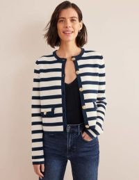 Boden Cotton Knitted Jacket in Ivory, Navy Stripe | nautical knits | women’s blue and white striped jackets | womens clothes | gold button detail | boxy silhouette | fresh looks for spring