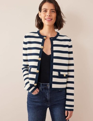 Boden Cotton Knitted Jacket in Ivory, Navy Stripe | nautical knits | women’s blue and white striped jackets | womens clothes | gold button detail | boxy silhouette | fresh looks for spring - flipped