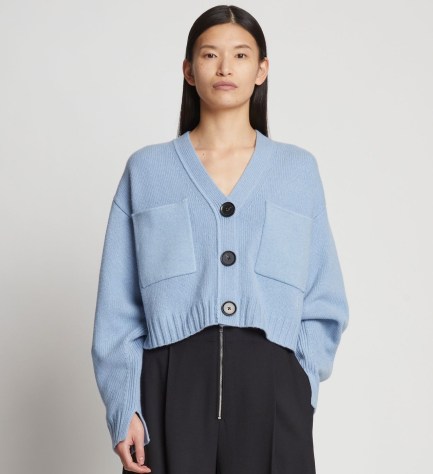 Proenza Schouler Eco Cashmere Cardigan in Light Blue | womens cropped relaxed fit cardigans | split cuff detail | drop shoulder | soft crop hem knits