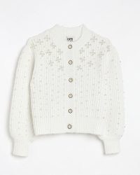 River Island CREAM KNIT EMBELLISHED CARDIGAN | womens chunky cardigans covered with pearls