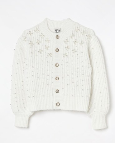 River Island CREAM KNIT EMBELLISHED CARDIGAN | womens chunky cardigans covered with pearls - flipped