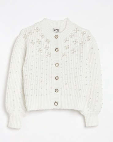 River Island CREAM KNIT EMBELLISHED CARDIGAN | womens chunky cardigans covered with pearls