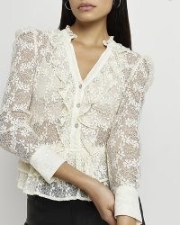 RIVER ISLAND CREAM LACE FRILL LONG SLEEVE BLOUSE – romantic frilled blouses – vintage style semi sheer tops – ruffled fashion