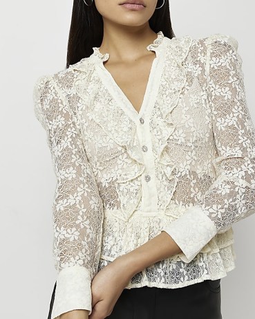 RIVER ISLAND CREAM LACE FRILL LONG SLEEVE BLOUSE – romantic frilled blouses – vintage style semi sheer tops – ruffled fashion - flipped