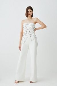 KAREN MILLEN Crystal Embellished Woven Jumpsuit in Ivory ~ evening occasion jumpsuits with removable shoulder straps ~ party glamour ~ glamorous all-in-one event clothes