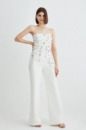 KAREN MILLEN Crystal Embellished Woven Jumpsuit in Ivory ~ evening occasion jumpsuits with removable shoulder straps ~ party glamour ~ glamorous all-in-one event clothes - flipped