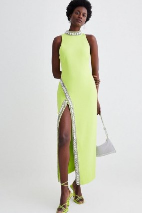 KAREN MILLEN Crystal Embellished Woven Thigh Split Maxi in Lime – sleeveless high slit evening dresses – light green long length occasion dress trimmed with crystals – party glamour – glamorous event clothes - flipped